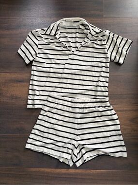 H&M Black & Cream Striped Knit Top and Shorts Set